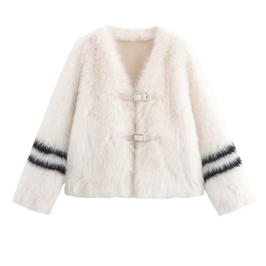 Striped Mink Like Wool Faux Shearling Jacket V Neck Short Green Fur Women Winter Furry Coat