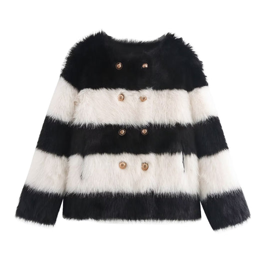 Thickened Contrast Color Striped Artificial Mink Fur Sweater Coat Autumn Winter High Sense Loose Knitted Cardigan Women