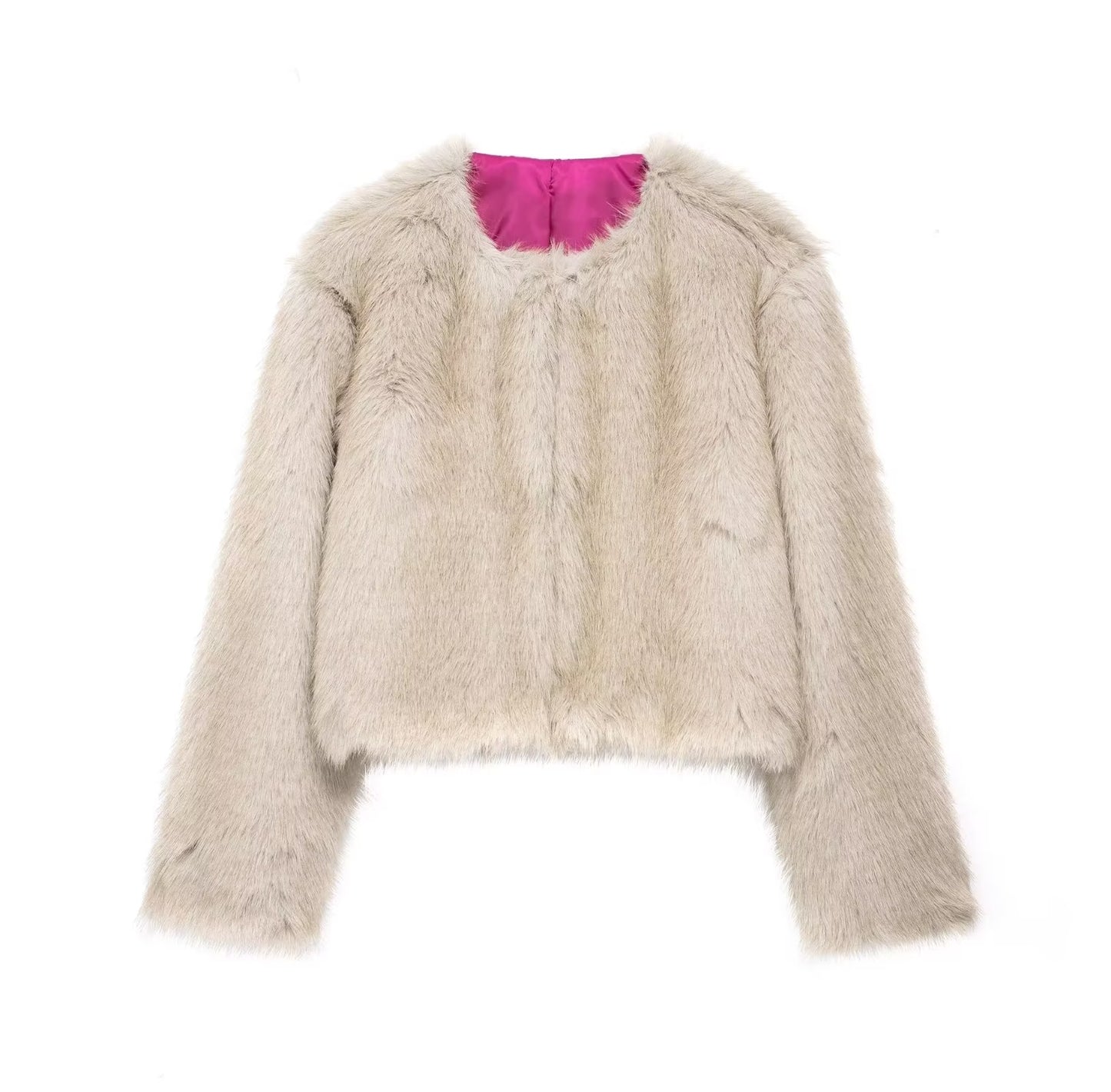 Autumn Women Round Neck Loose Artificial Fur Effect Warm Jacket Jacket