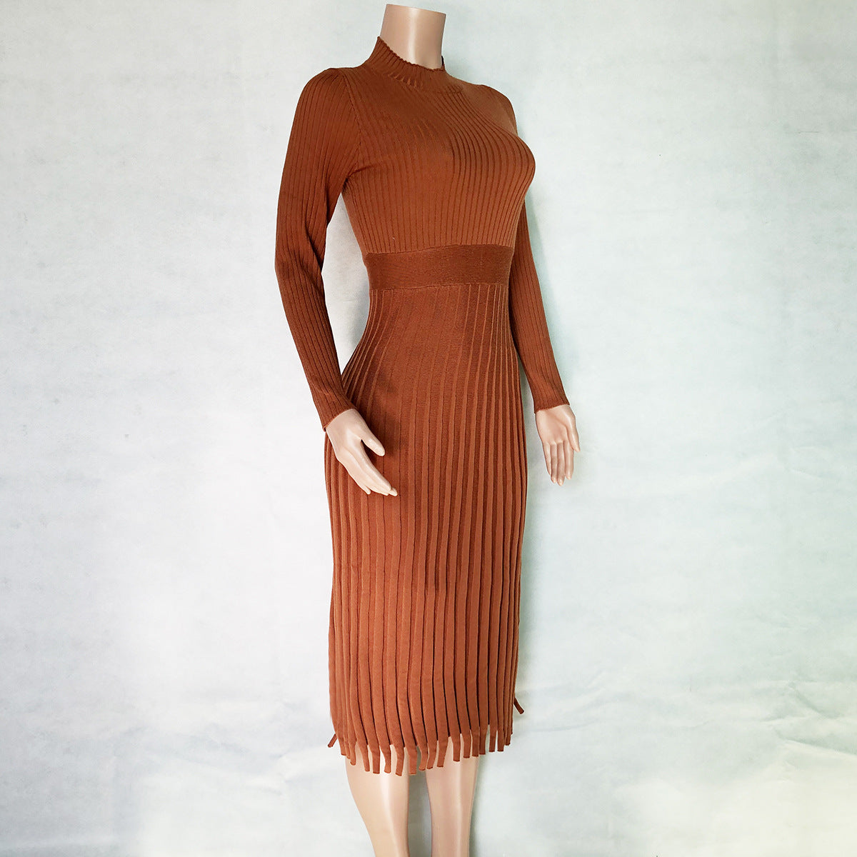 Autumn Winter Women Wear Mid-length Sweater Knitted Solid Color Pleated Dress