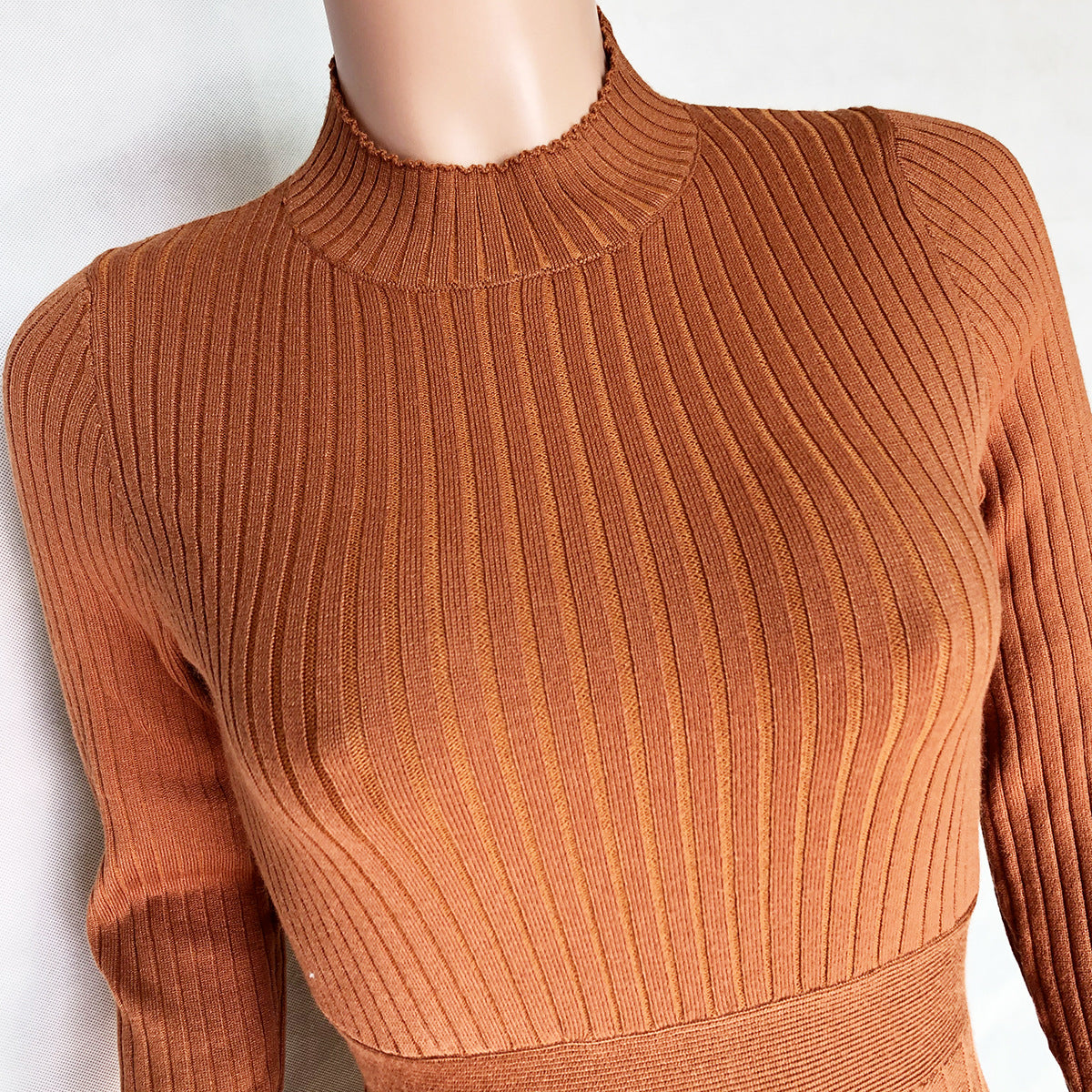 Autumn Winter Women Wear Mid-length Sweater Knitted Solid Color Pleated Dress