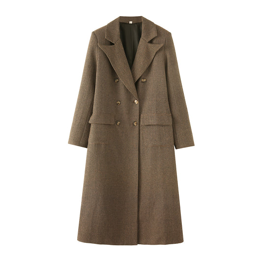 Women Clothing Winter All Match Herringbone Oblique Long Trench Coat