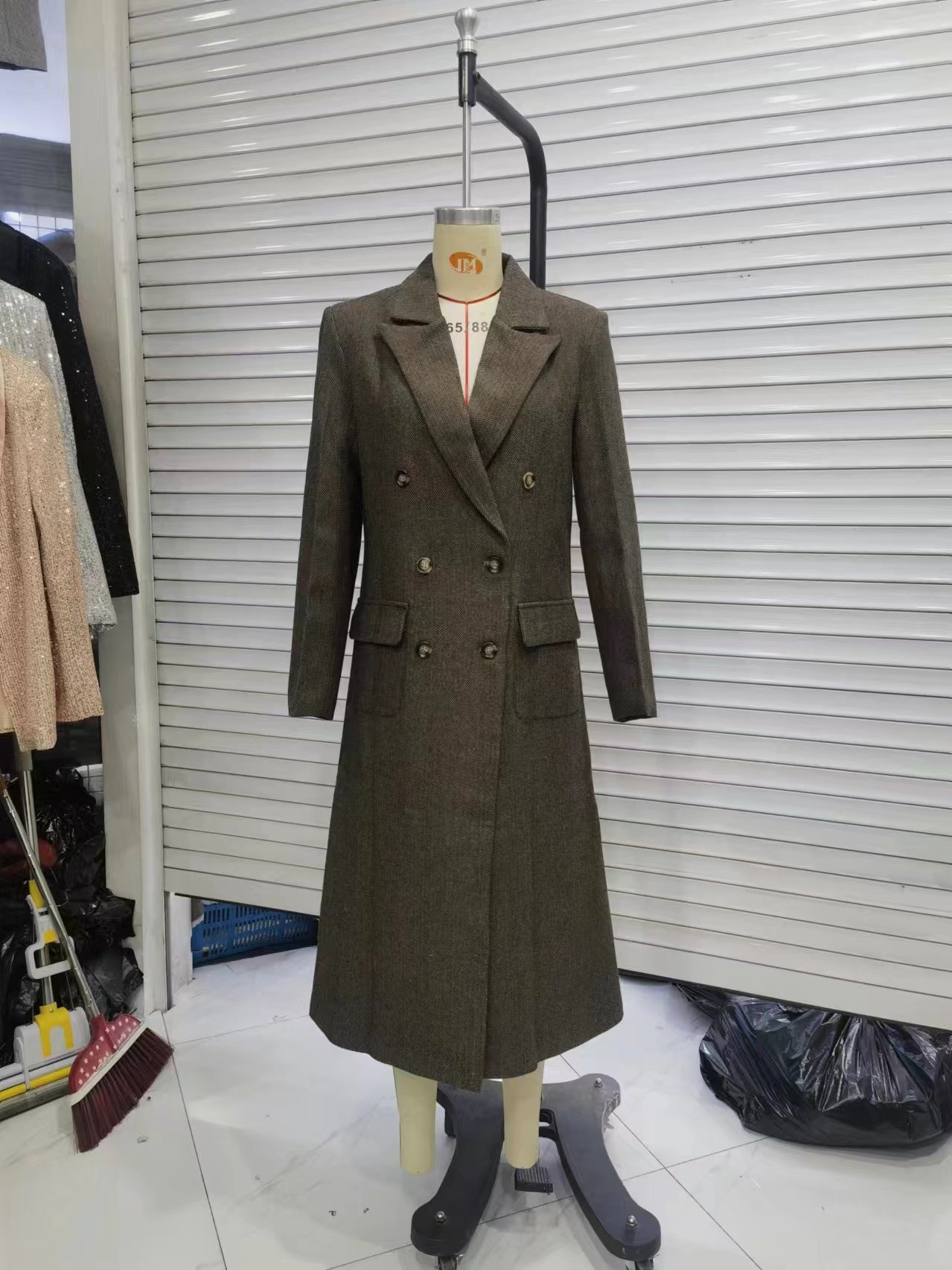 Women Clothing Winter All Match Herringbone Oblique Long Trench Coat