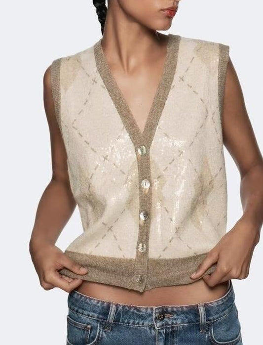Winter Women Clothing Beads Sequin Pattern Knitted Vest Top