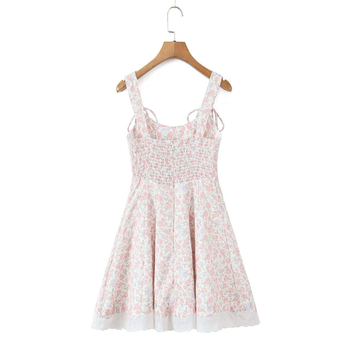 Women Clothing Spring Summer Pink Double Layer Strap Elastic Smocking Princess Dress