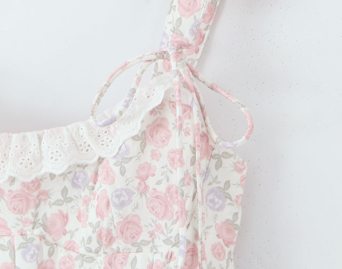 Women Clothing Spring Summer Pink Double Layer Strap Elastic Smocking Princess Dress