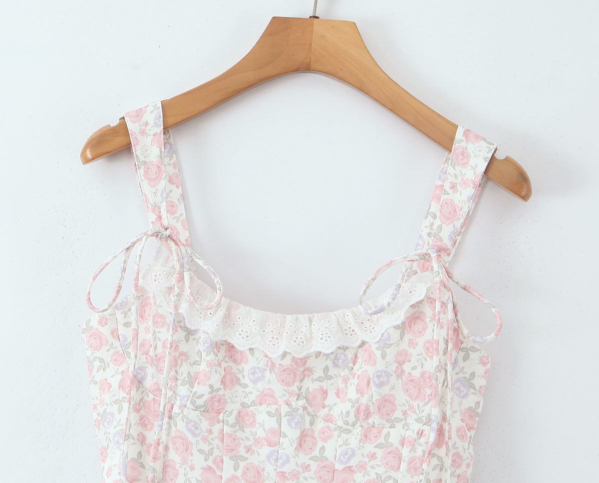 Women Clothing Spring Summer Pink Double Layer Strap Elastic Smocking Princess Dress