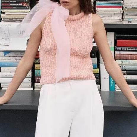 Spring Women Clothing Transparent Bowknot Decoration Knitted Top