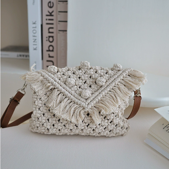 Beanie Crossbody Cotton Thread Woven Bag Women Tassel Bag Cover Shoulder Straw Bag Vacation Beach Bag