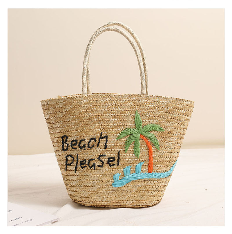 Coconut Embroidery Shoulder Straw Bag Letters Hand-Carrying Woven Bag Vacation Beach Bag Large Capacity Rattan Bag