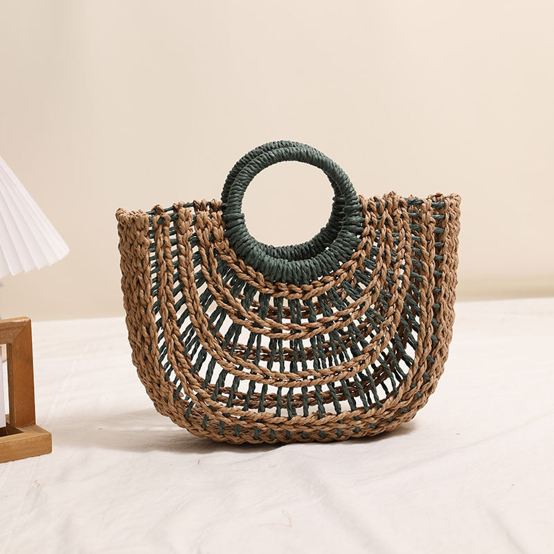 Hollowed out Semicircle Portable Straw Weaved Bag Round Handle Contrast Color Straw Bag Woven Bag Women Seaside Vacation Beach Bag