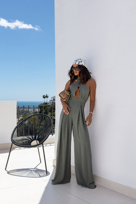 Women Clothing Summer Halter Tight Waist Sexy Solid Color One Piece Wide Leg Pants