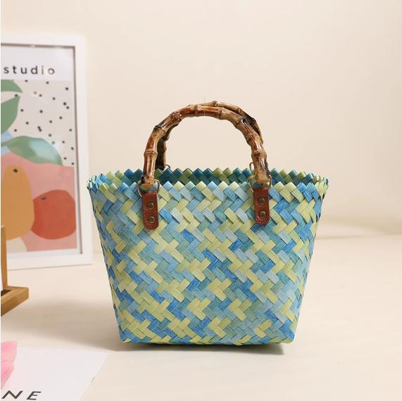 Retro Color Portable Straw Weaved Bag Square Hand Woven Bag Vacation Beach Bag Women Bag