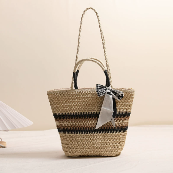 Striped Shoulder Straw Bag Silk Scarf Woven Tote Women Seaside Vacation Beach Bag