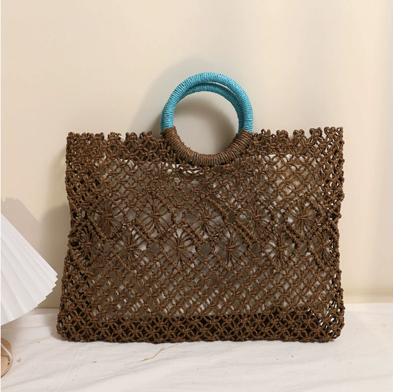 Round Handle Portable Square Straw Bag Summer Hollow Out Cutout Pattern Straw Bag Woven Bag Women Seaside Vacation Beach Bag