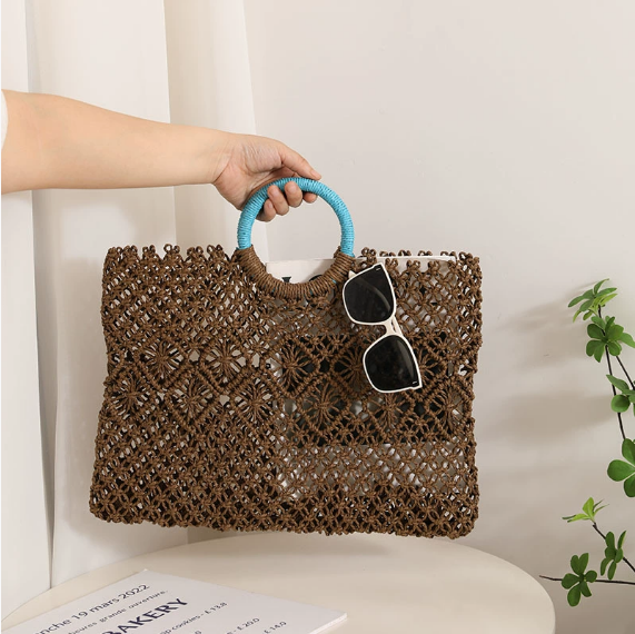 Round Handle Portable Square Straw Bag Summer Hollow Out Cutout Pattern Straw Bag Woven Bag Women Seaside Vacation Beach Bag