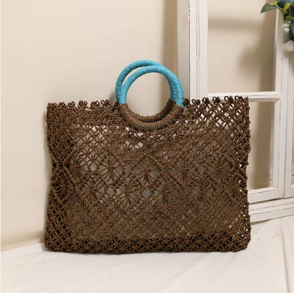Round Handle Portable Square Straw Bag Summer Hollow Out Cutout Pattern Straw Bag Woven Bag Women Seaside Vacation Beach Bag