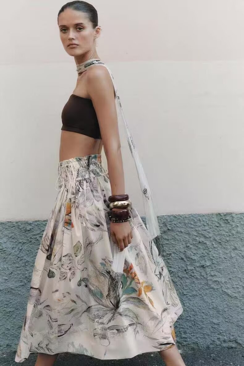 Rayon Printed Elastic Waist Vacation Casual Skirt Summer Midi Dress Women