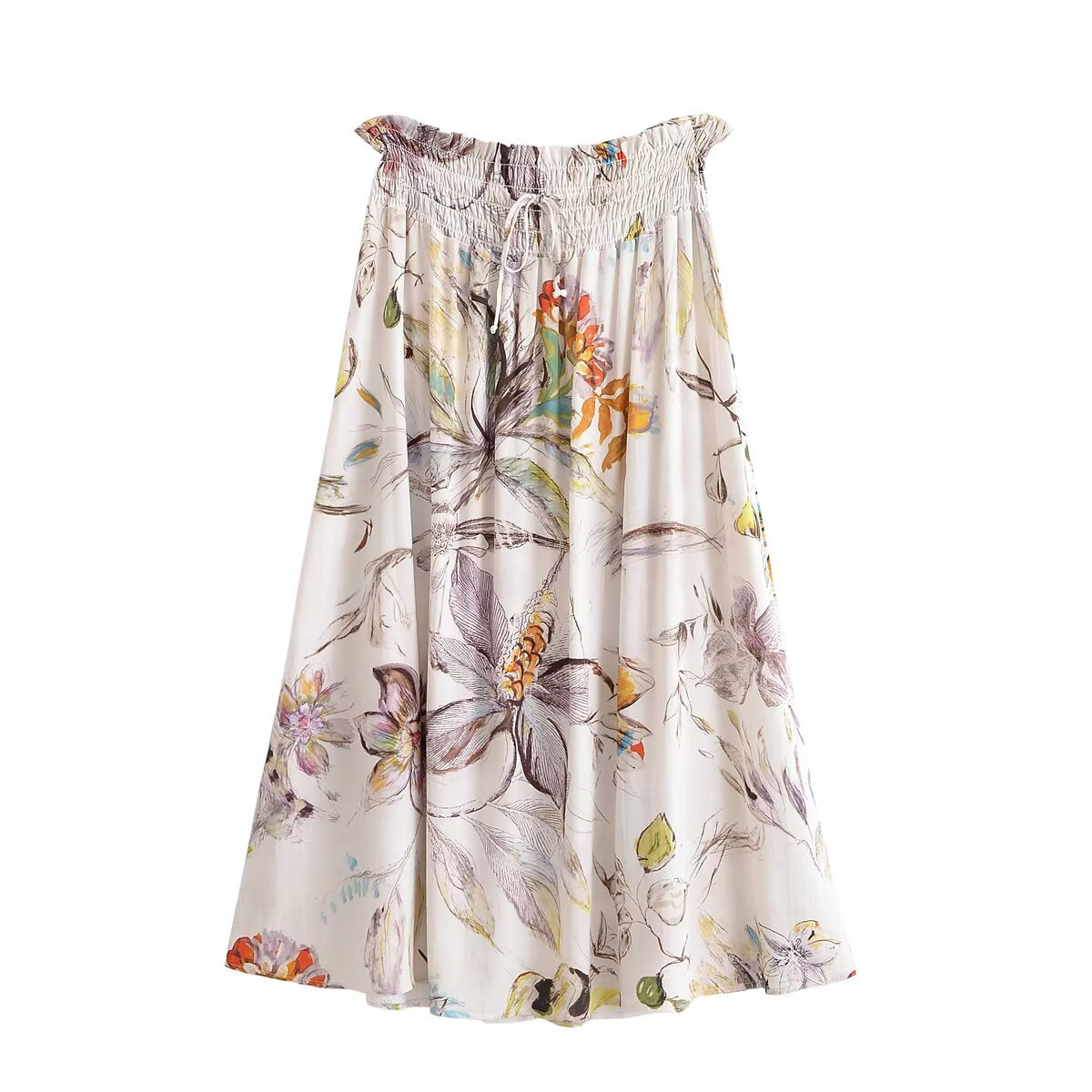 Rayon Printed Elastic Waist Vacation Casual Skirt Summer Midi Dress Women