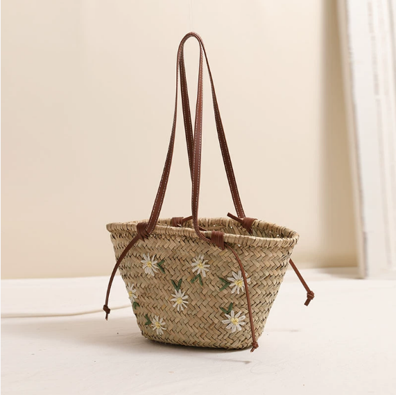 Fresh Floral Embroidery Shoulder Straw Bag Large Capacity Mitsubishi Straw Woven Bag Seaside Vacation Beach Bag