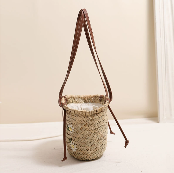 Fresh Floral Embroidery Shoulder Straw Bag Large Capacity Mitsubishi Straw Woven Bag Seaside Vacation Beach Bag