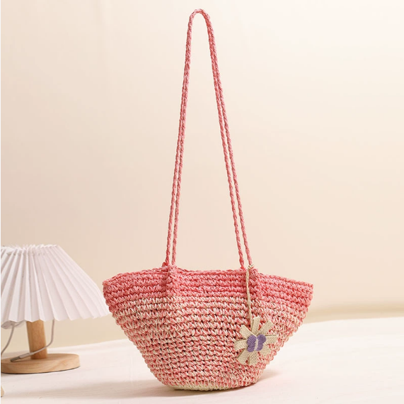 Fresh Floral Straw Bag Niche Gradient Color Straw Bag Woven Bag Vacation Beach Bag Shoulder Bag