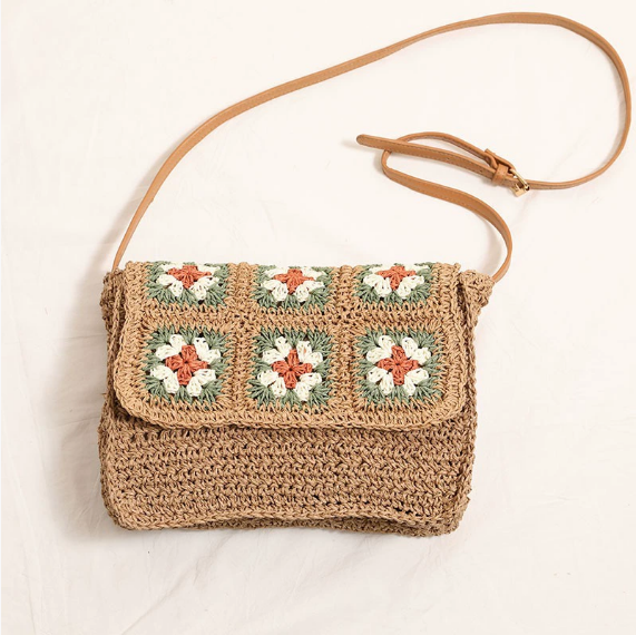 Floral Crossbody Straw Bag One Shoulder Flap Woven Bag Vacation Beach Bag Niche Women Bag