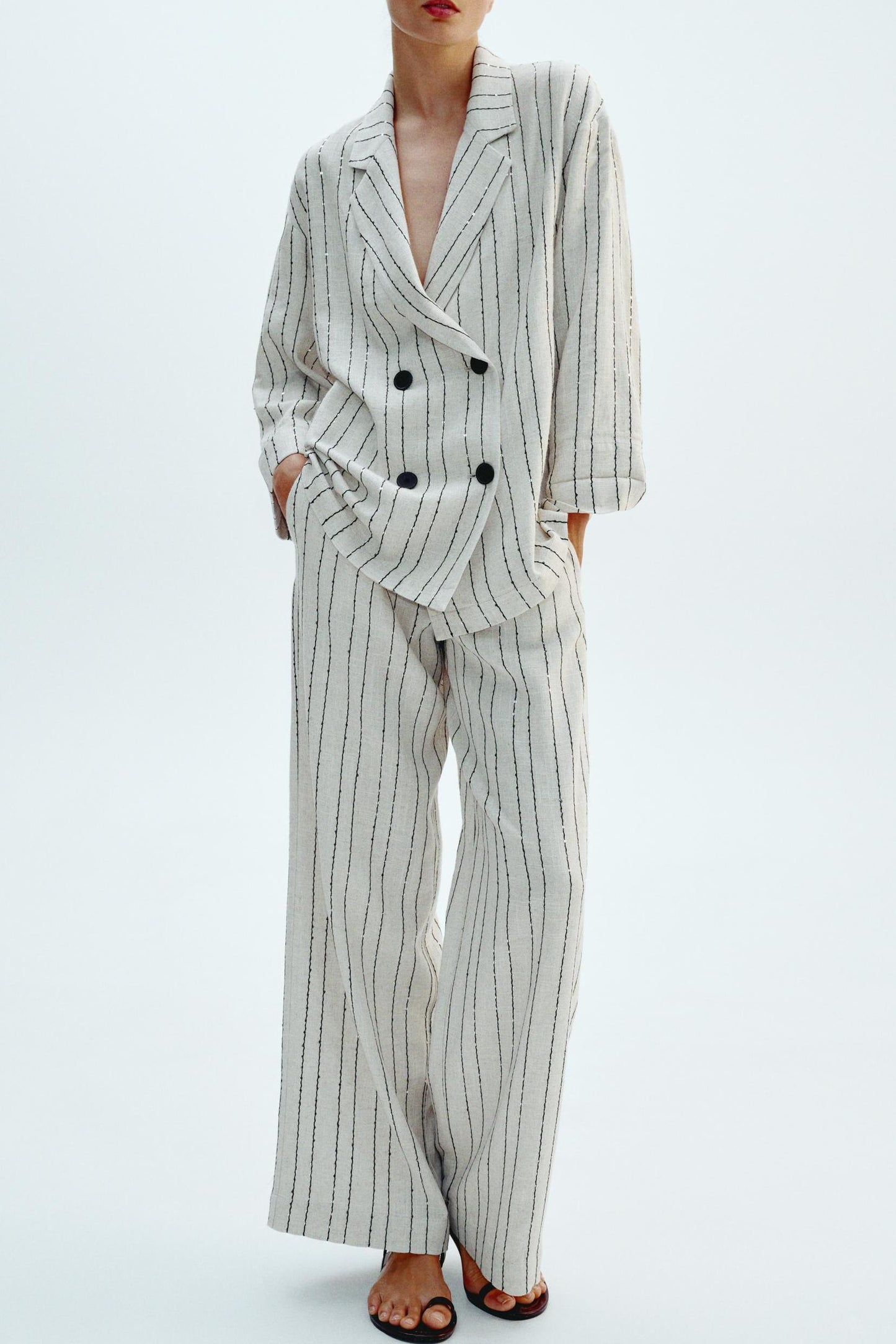Women Clothing Casual Suit Sequin Striped Blazer Sequin Striped Casual Trousers