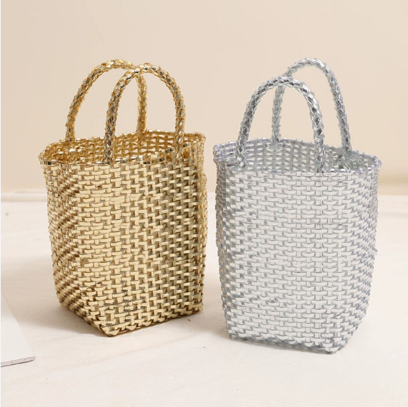 Gold Silver Color Portable Vegetable Basket Bag Solid Color Large Capacity Hand Carrying Woven Bag Seaside Vacation Beach Bag