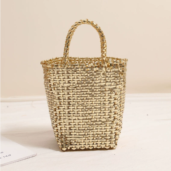 Gold Silver Color Portable Vegetable Basket Bag Solid Color Large Capacity Hand Carrying Woven Bag Seaside Vacation Beach Bag