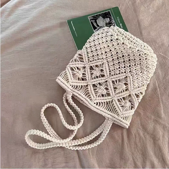 Artistic Simple Cotton Thread Shoulder Woven Bag Summer Niche Hollow Out Cutout Straw Bag Portable Women Bag Vacation Beach Bag