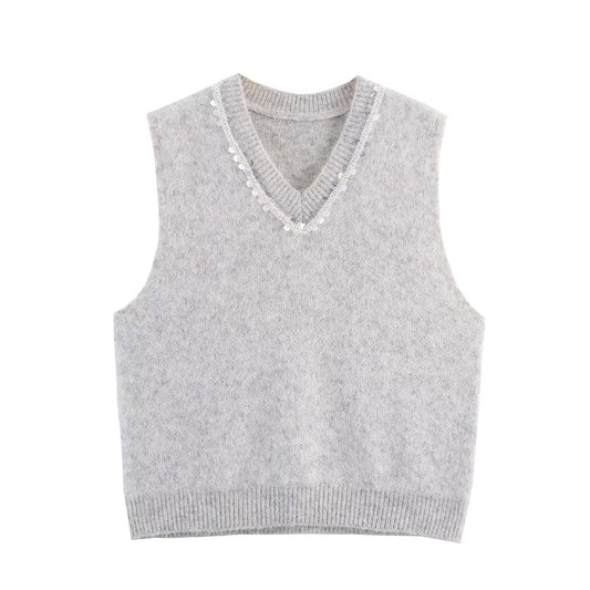 Knitted Vest for Women Spring Autumn V neck Vintage Sequined Neckline Decoration Sweater Vest