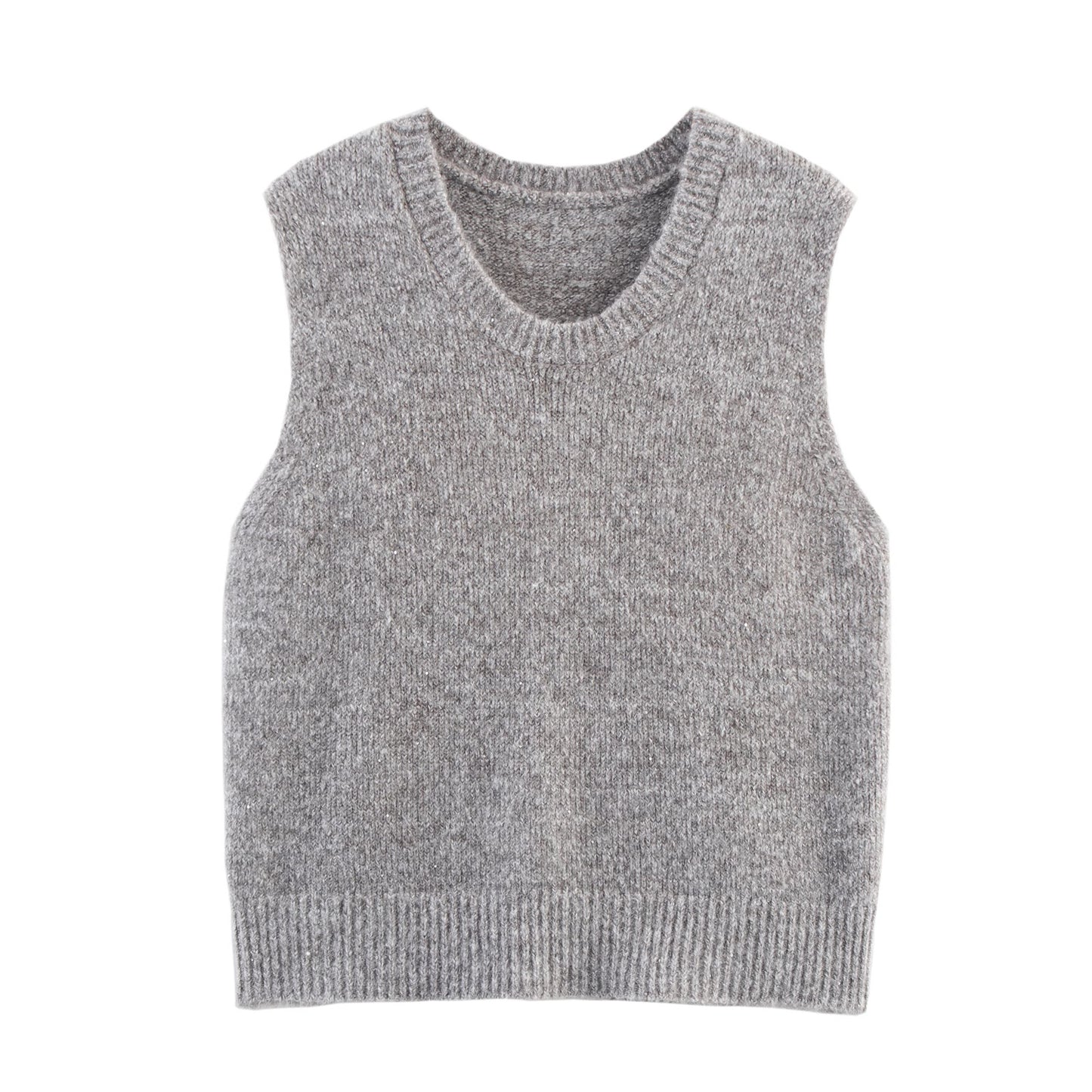 Women Clothing Autumn Simple All Match Sequined Back Slit round Neck Knitted Pullover Vest
