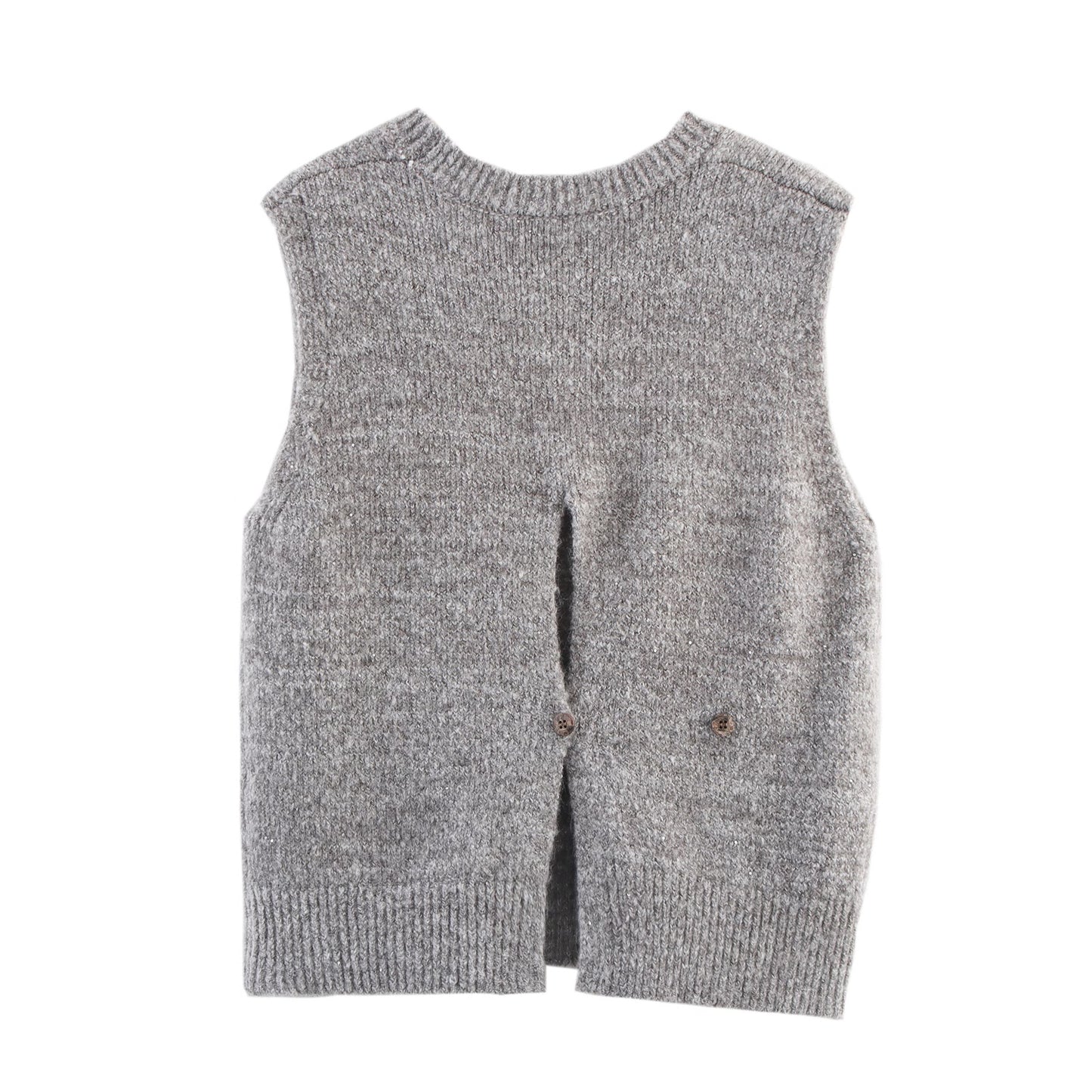 Women Clothing Autumn Simple All Match Sequined Back Slit round Neck Knitted Pullover Vest