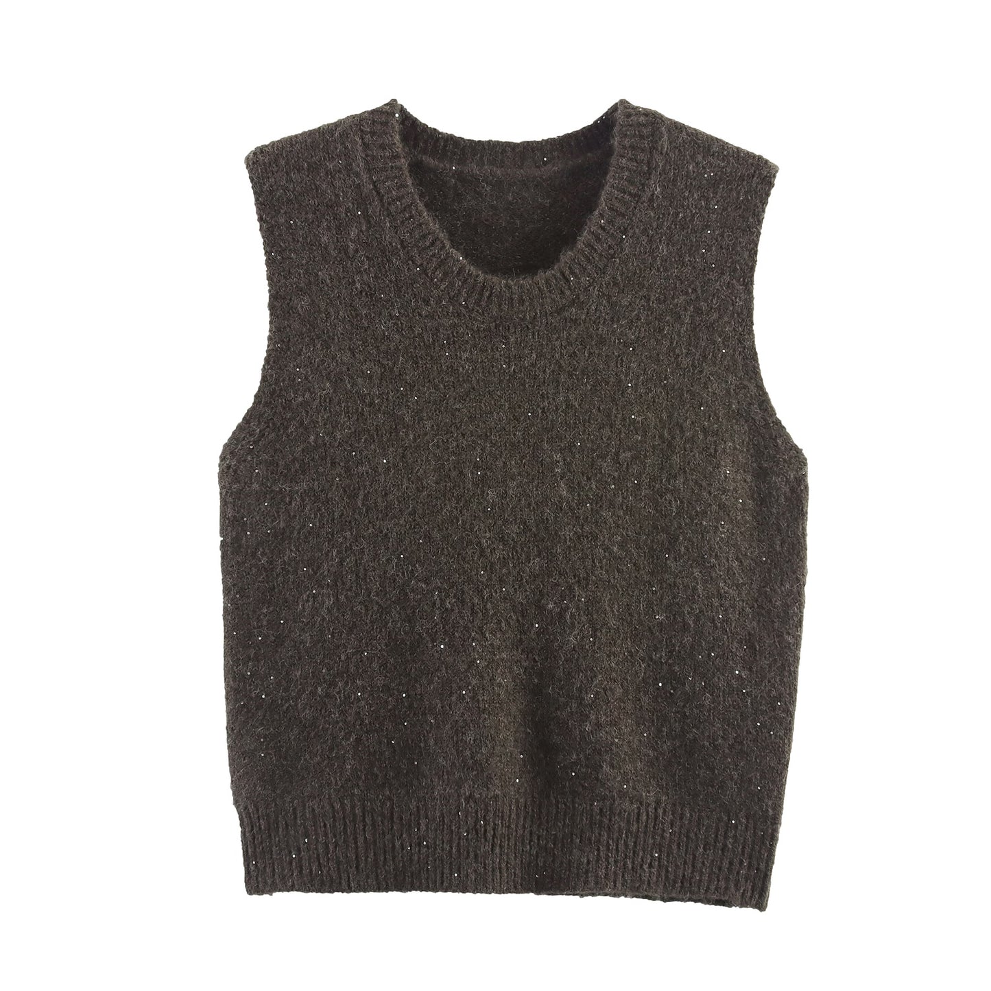 Women Clothing Autumn Simple All Match Sequined Back Slit round Neck Knitted Pullover Vest