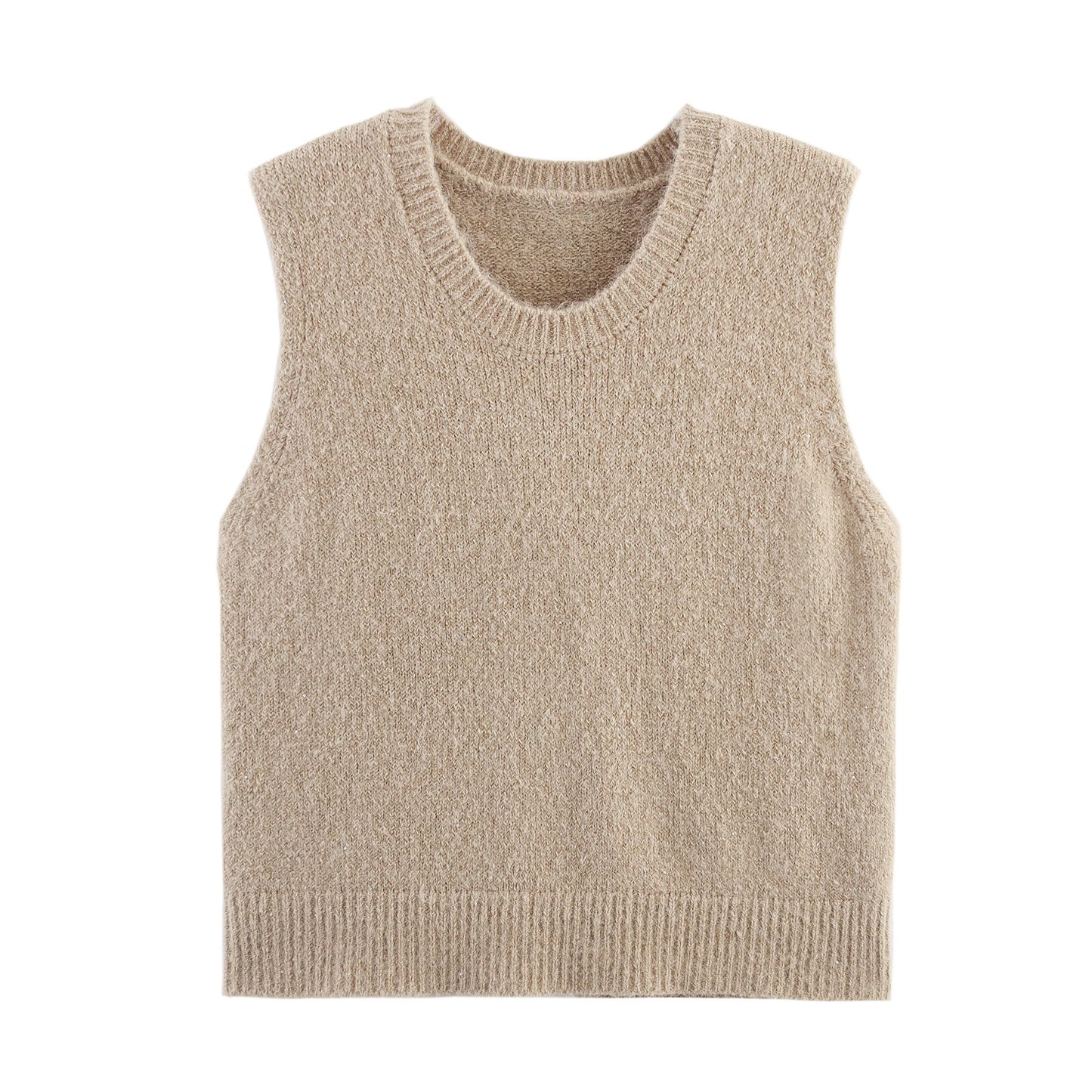 Women Clothing Autumn Simple All Match Sequined Back Slit round Neck Knitted Pullover Vest