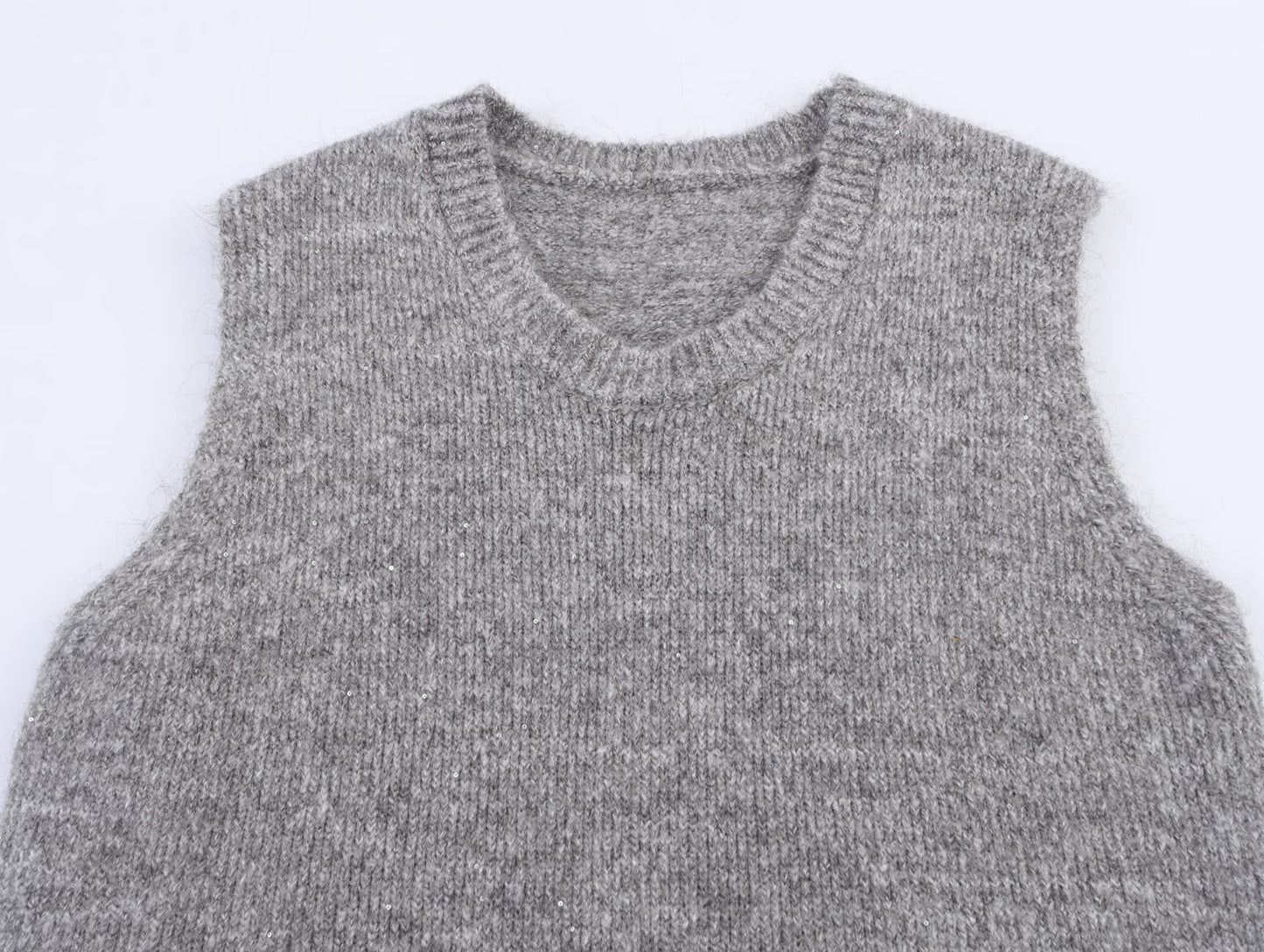 Women Clothing Autumn Simple All Match Sequined Back Slit round Neck Knitted Pullover Vest