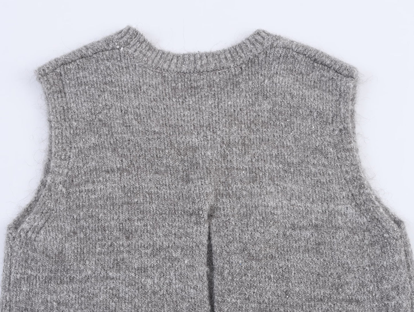 Women Clothing Autumn Simple All Match Sequined Back Slit round Neck Knitted Pullover Vest