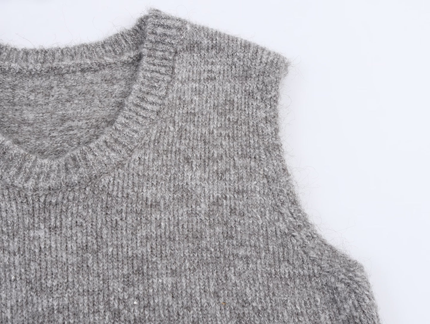 Women Clothing Autumn Simple All Match Sequined Back Slit round Neck Knitted Pullover Vest