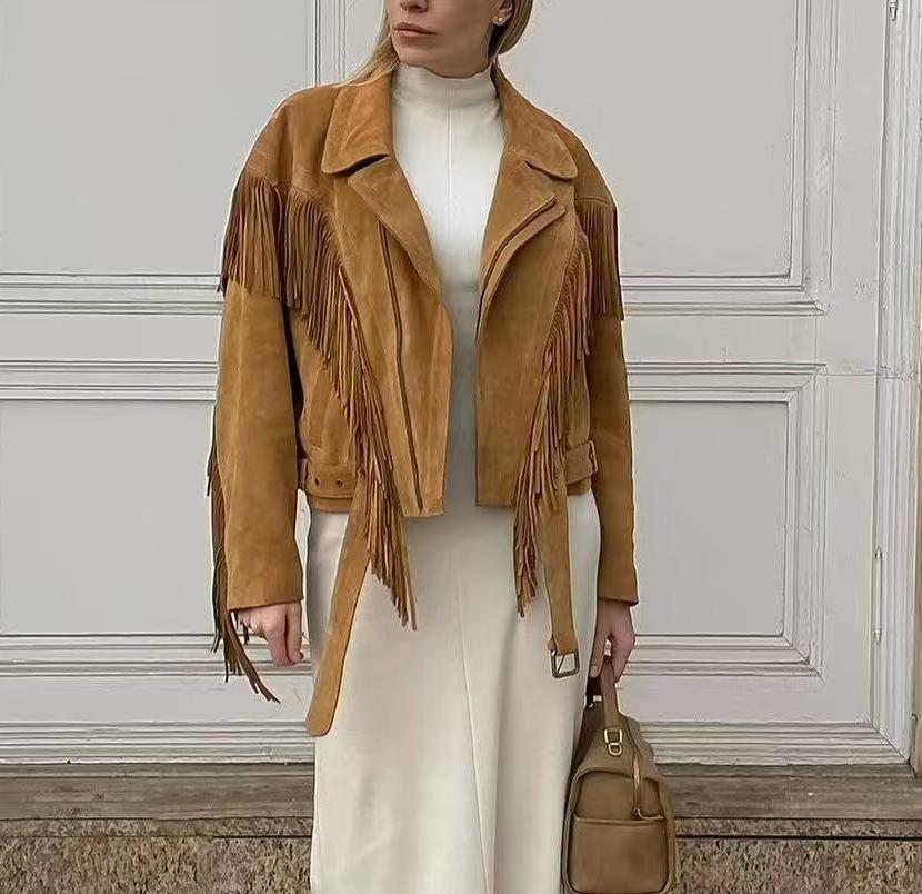 Women Clothing Autumn Winter Street Polo Collar Tassel Loose Jacket Coat