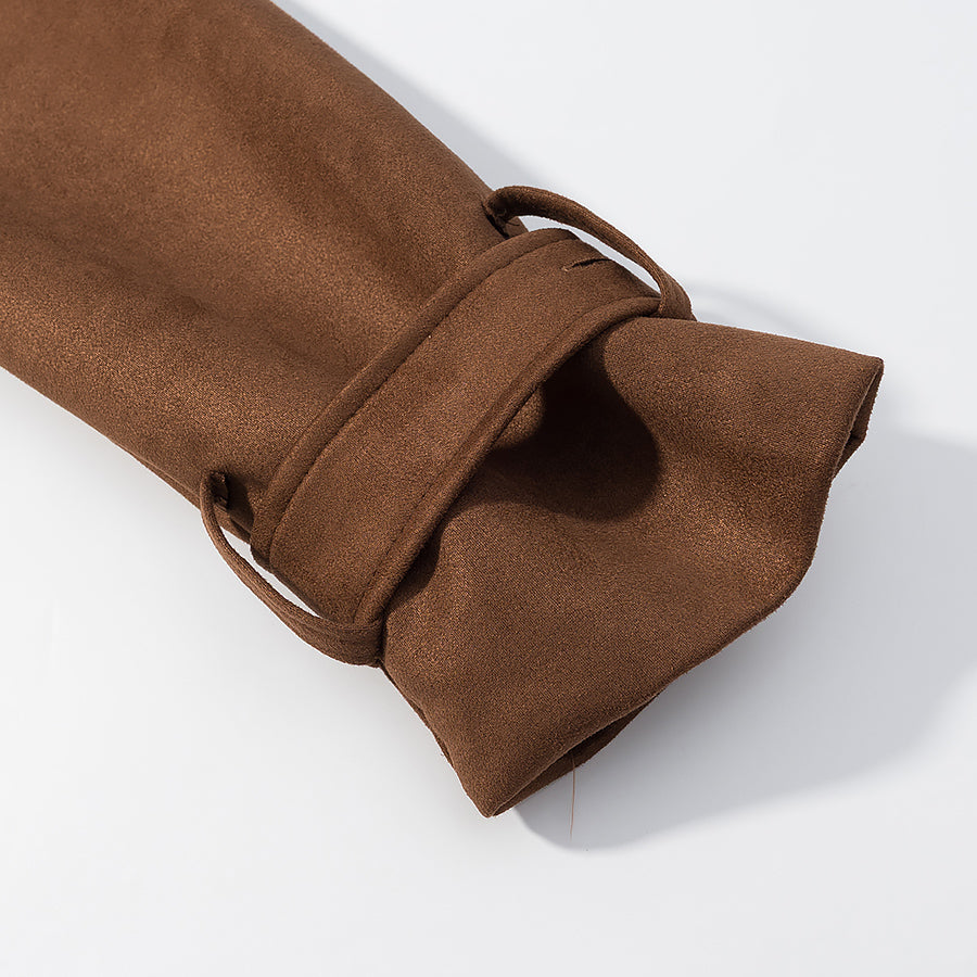 Women Clothing Fall Vintage Suede Lace up Double Breasted Overcoat Coat