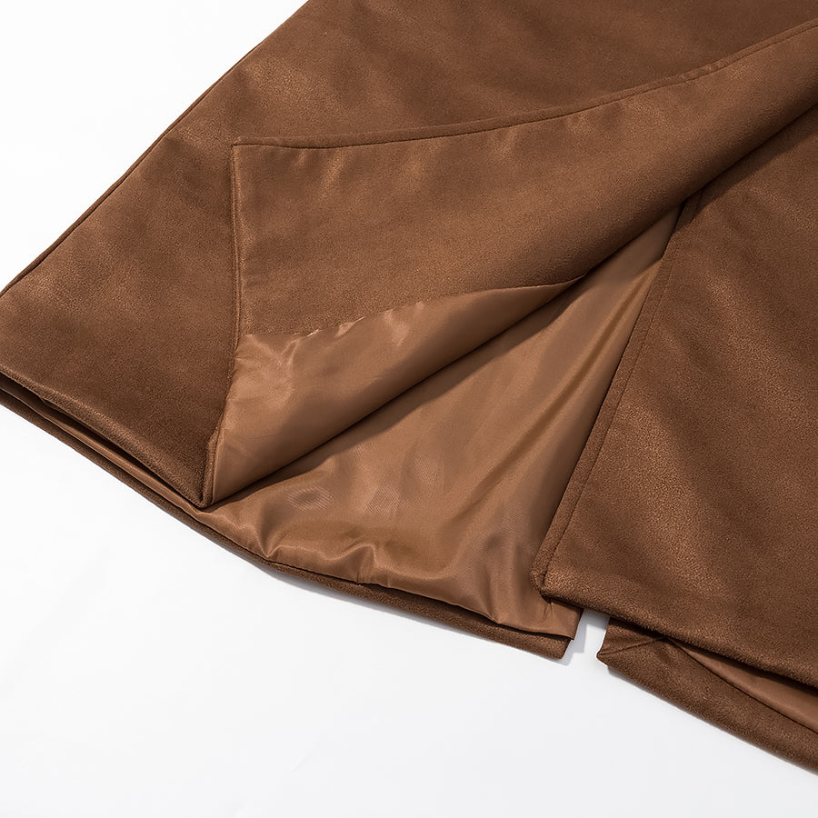 Women Clothing Fall Vintage Suede Lace up Double Breasted Overcoat Coat