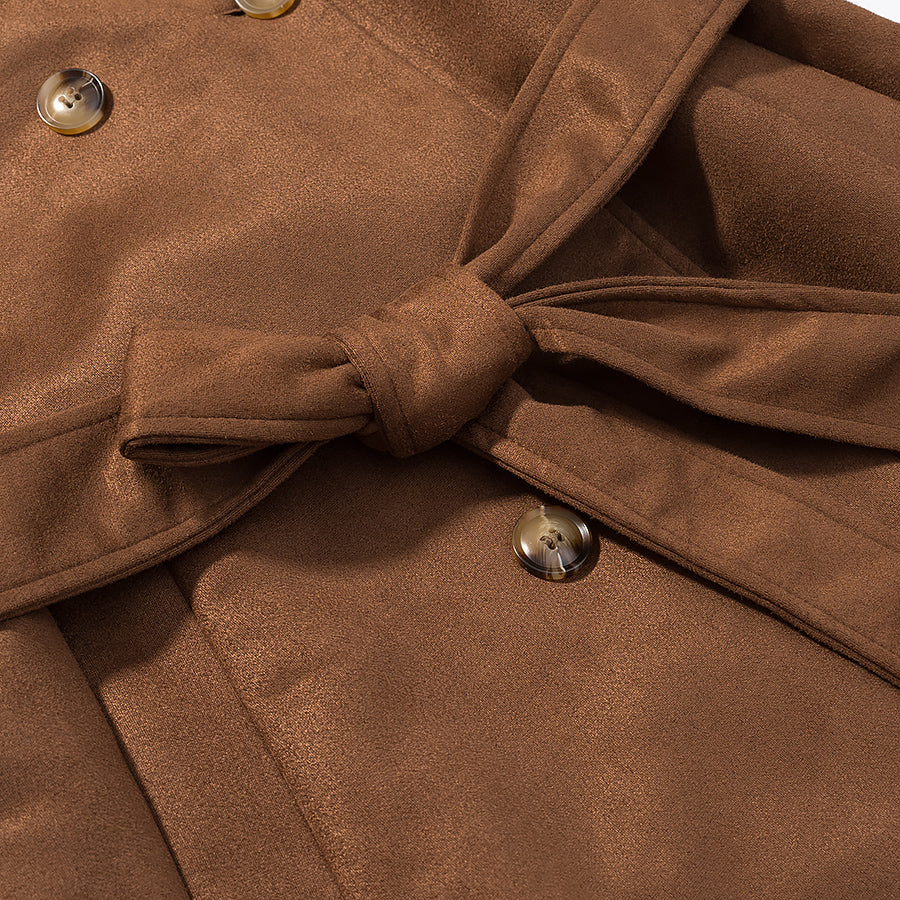 Women Clothing Fall Vintage Suede Lace up Double Breasted Overcoat Coat