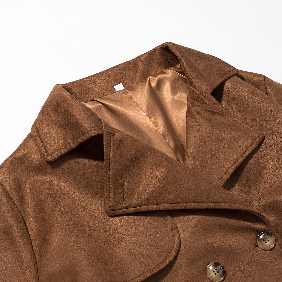 Women Clothing Fall Vintage Suede Lace up Double Breasted Overcoat Coat