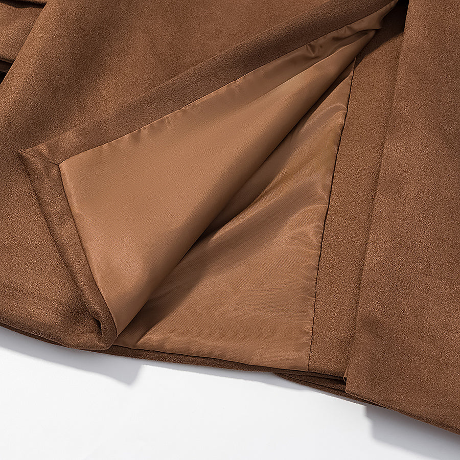 Women Clothing Fall Vintage Suede Lace up Double Breasted Overcoat Coat