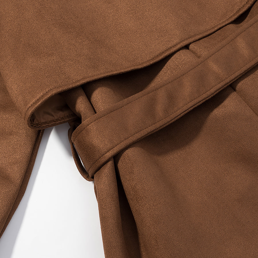 Women Clothing Fall Vintage Suede Lace up Double Breasted Overcoat Coat