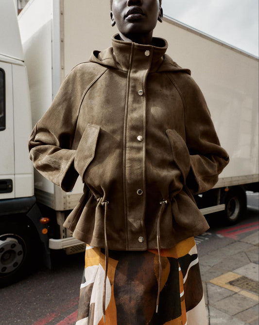 Women Clothing Autumn Urban Army Green Collared Drawstring Waist Design Coat