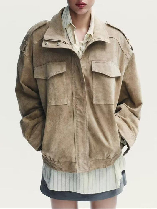 Early Autumn Women Clothing Office Fashionable All Match Suede Textured Leather Coat