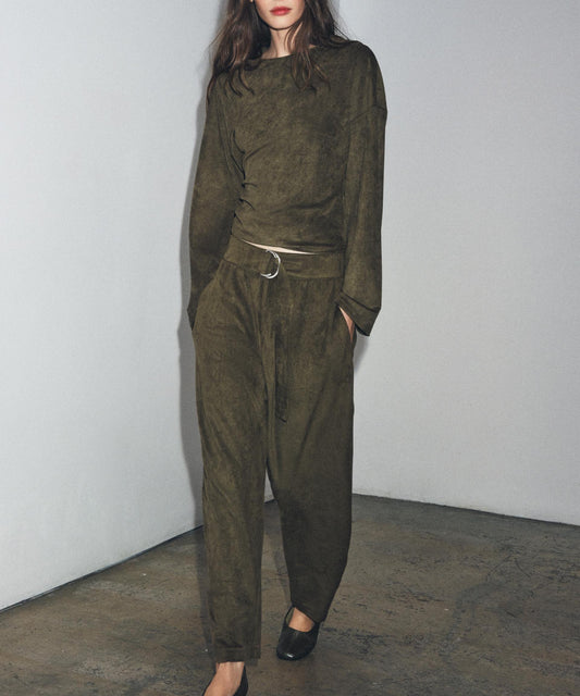 Women Clothing Waist Pleated Suede T shirt Top Belt Pants Suit Women