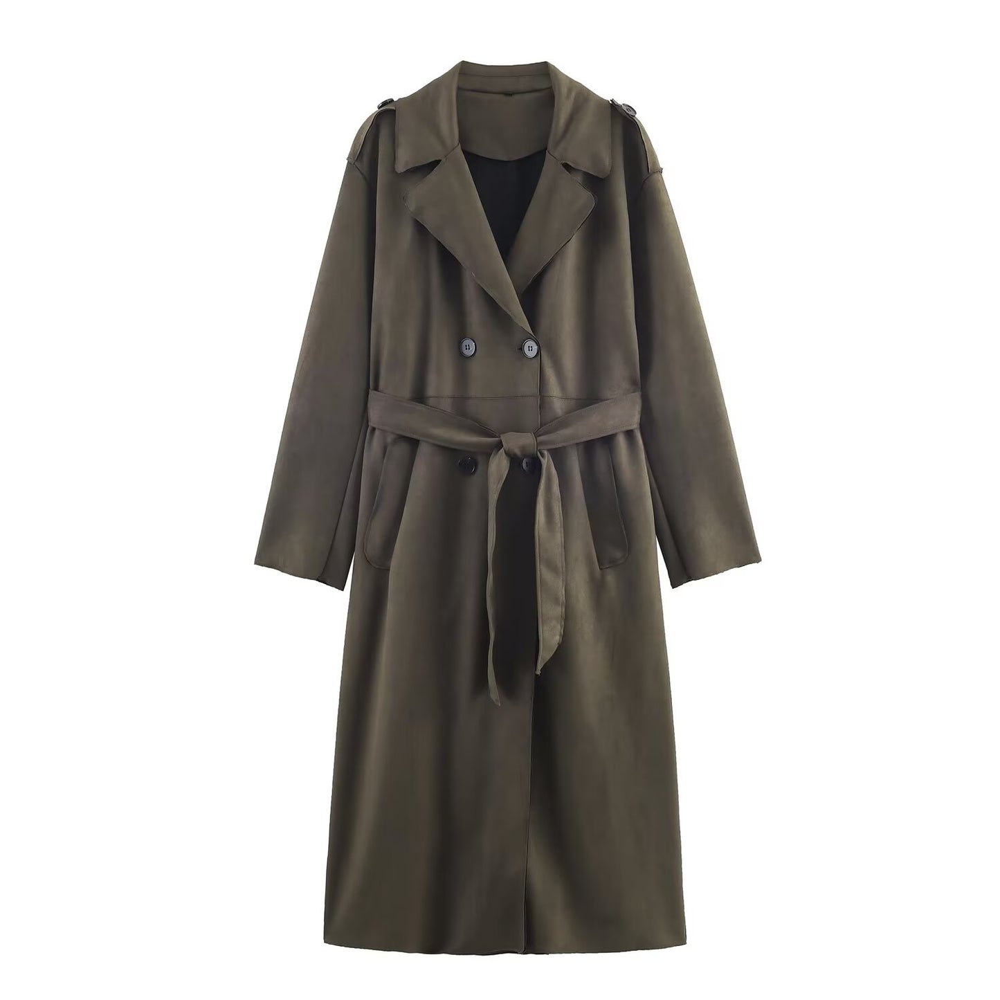 Women Clothing Elegant Suede Effect Long Trench Coat